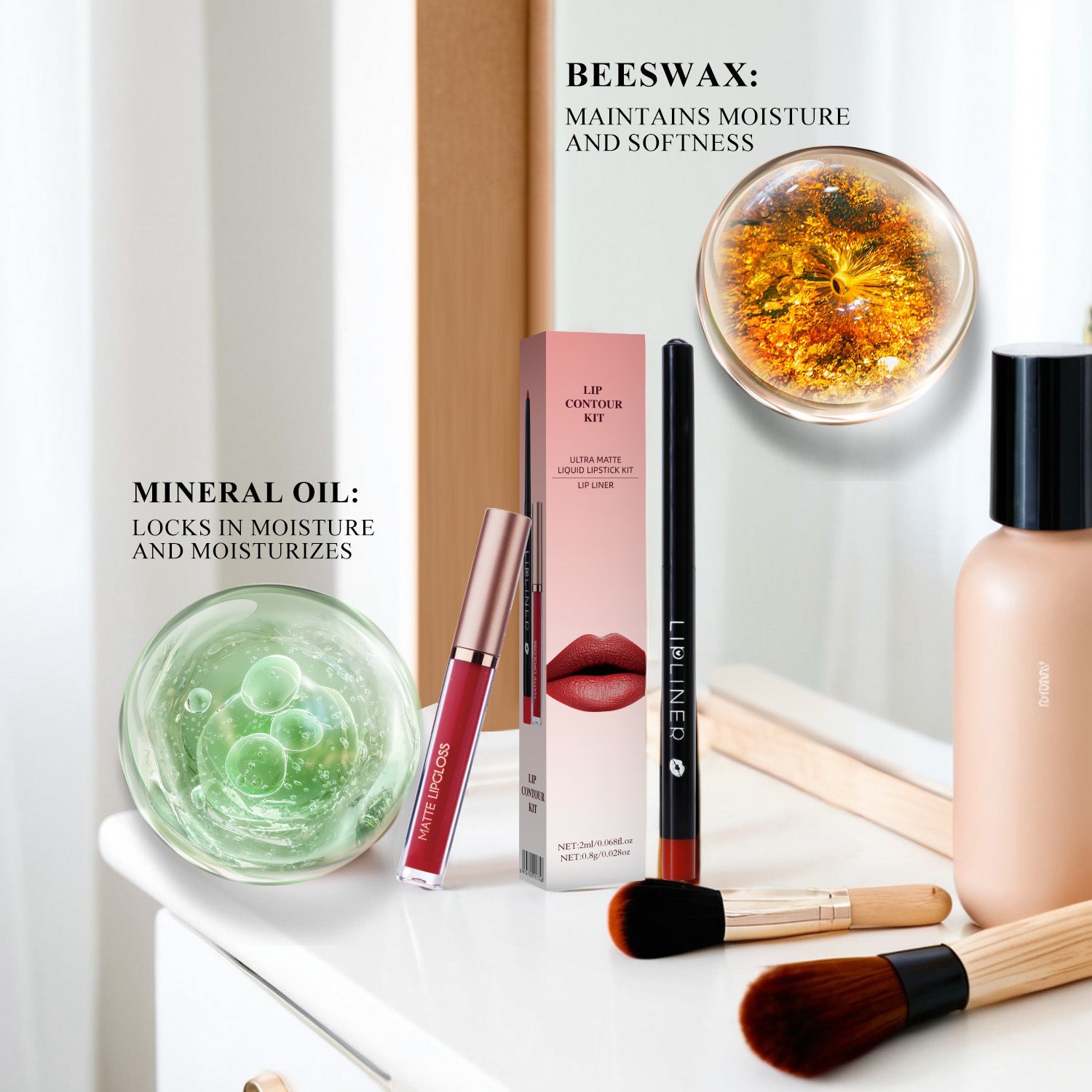 Makeup products including lip gloss, lip liner, and foundation with cosmetic tools on a white surface.