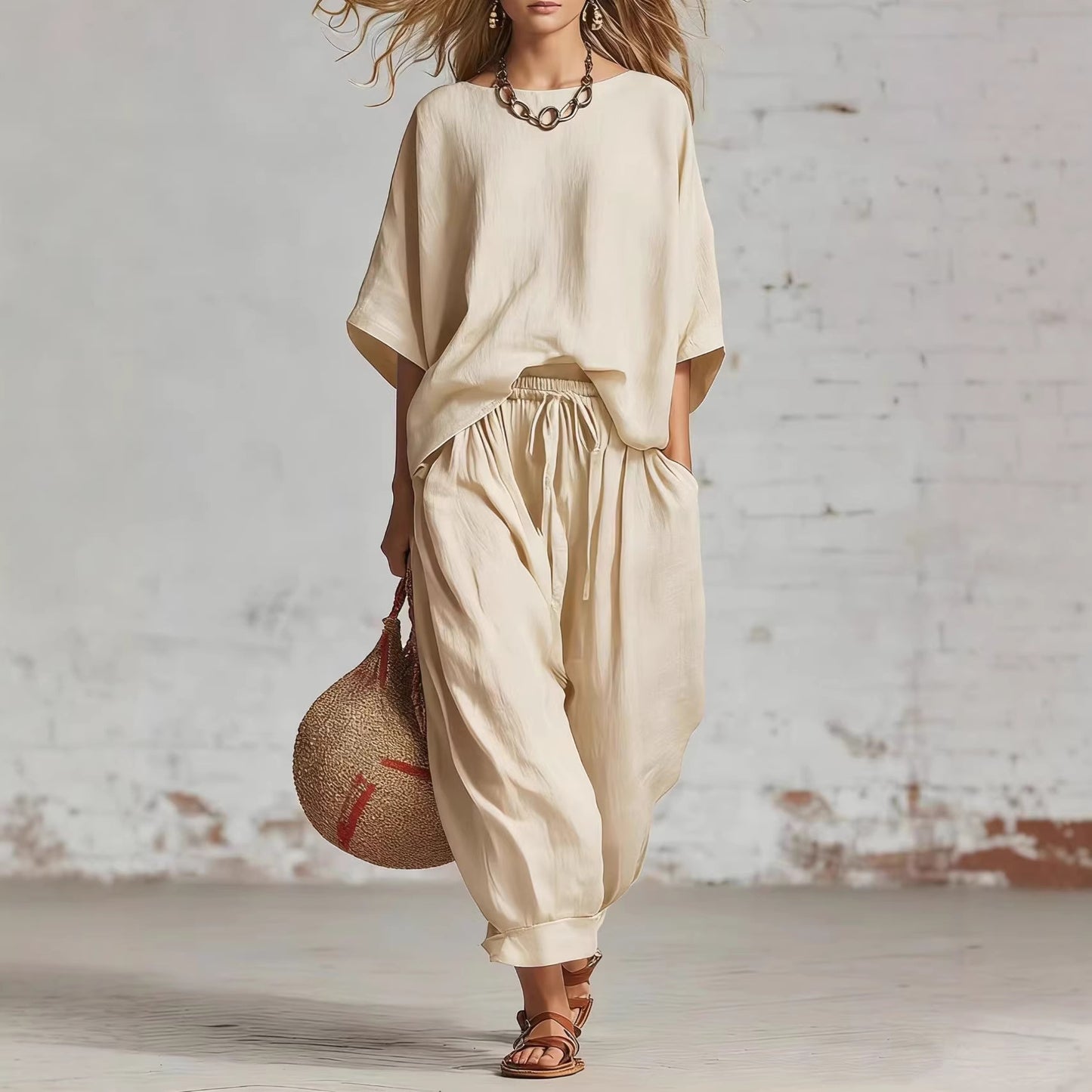 Women's Solid Color Relaxed Fit Two-Piece Casual Set
