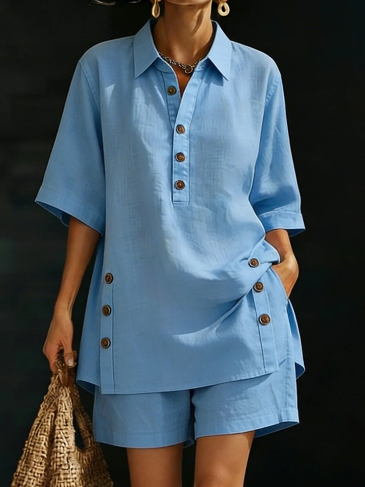 Women's Short Sleeve Shirt and Relaxed Cropped Pants Two-Piece Set