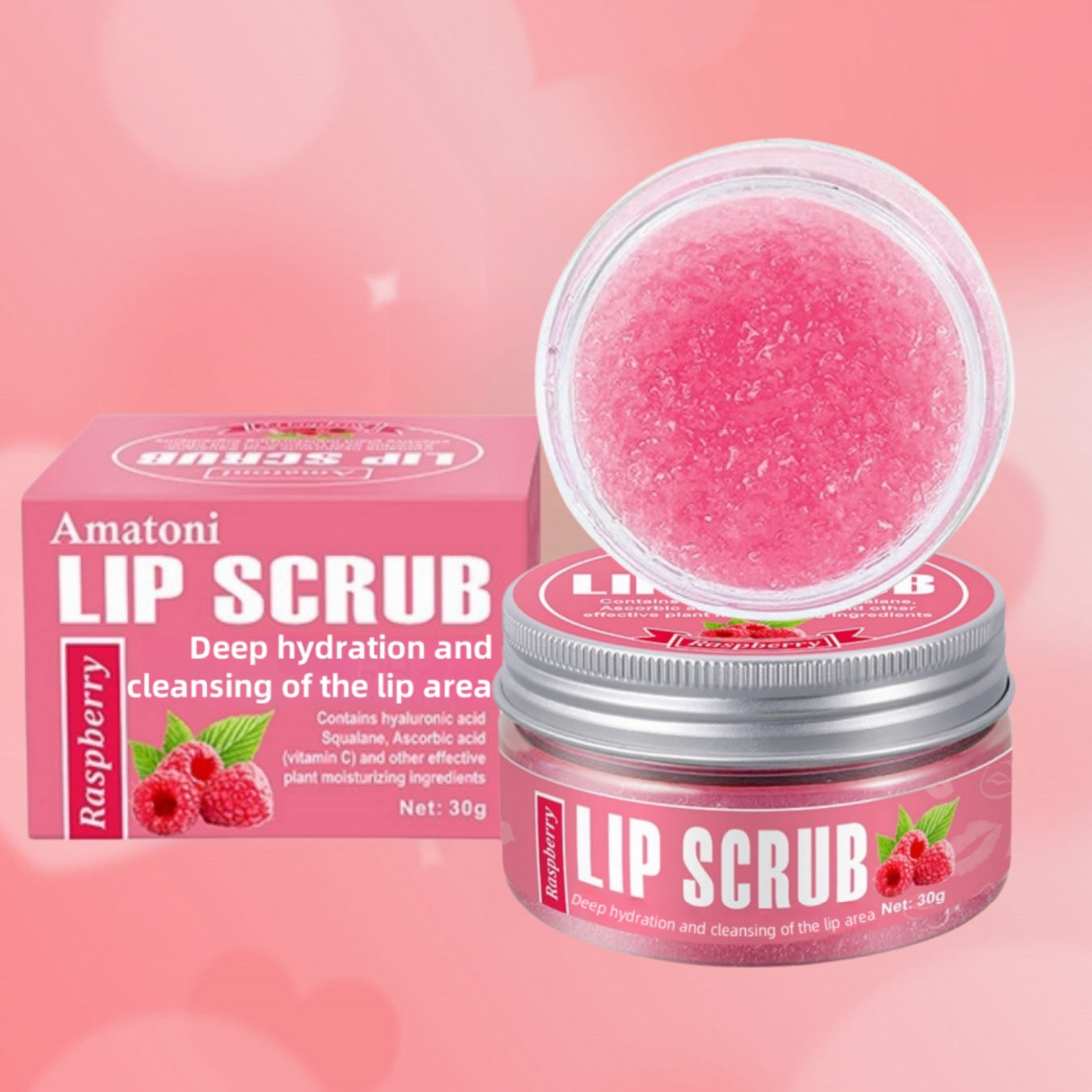 Amatoni Raspberry Lip Scrub with packaging on a pink background