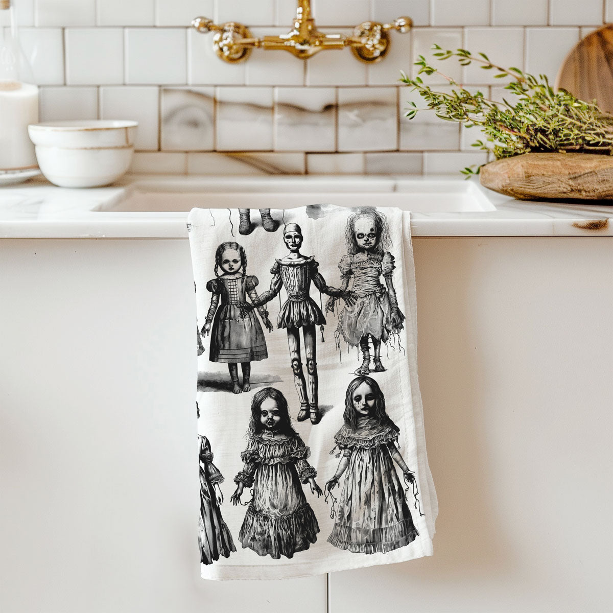 Possessed Dolls Halloween Flour Sack Kitchen Towel