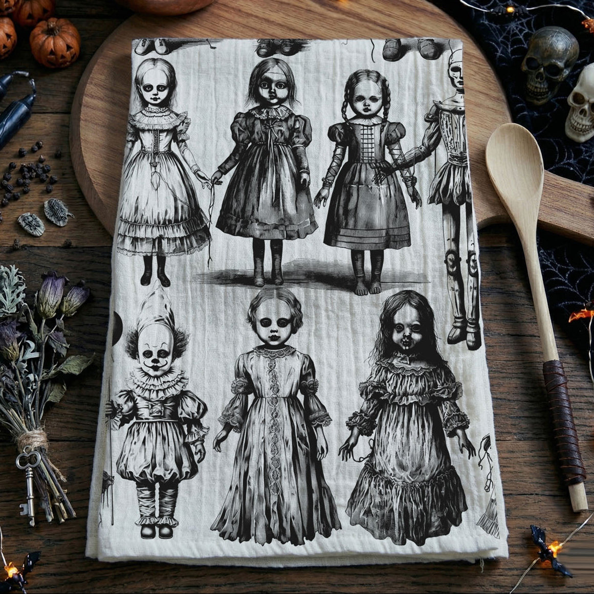 Possessed Dolls Halloween Flour Sack Kitchen Towel