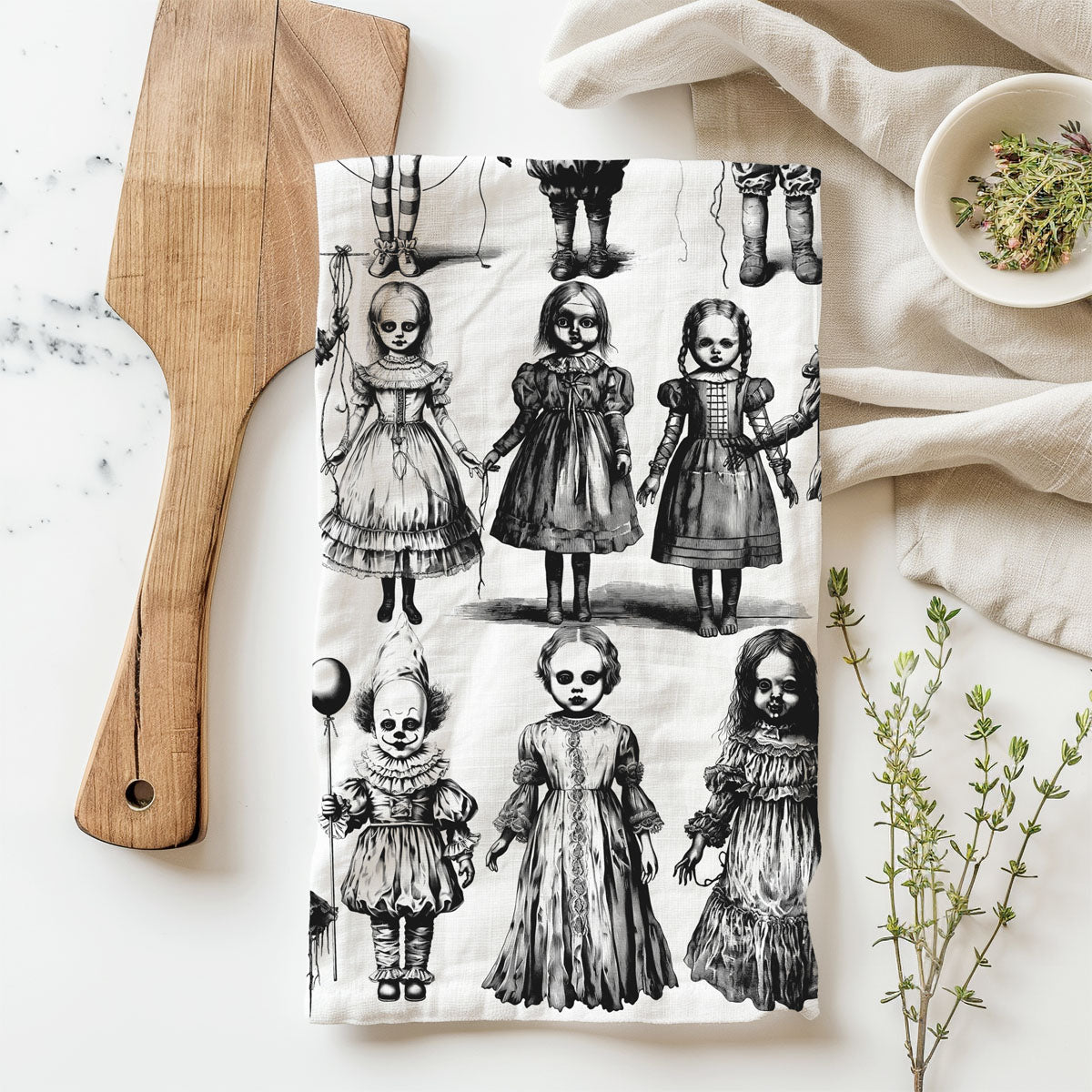 Possessed Dolls Halloween Flour Sack Kitchen Towel