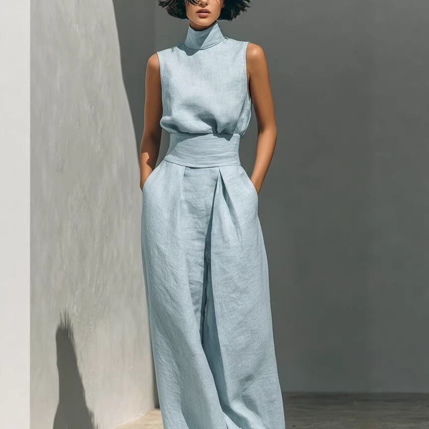 Women Cotton Linen Sleeveless Top and Wide Leg Pants Set