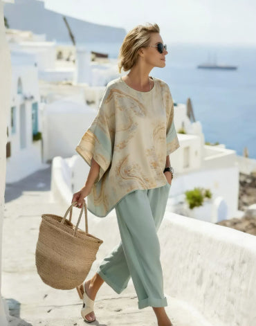Woman in a light outfit with a straw bag walking on a sunlit street with white buildings.