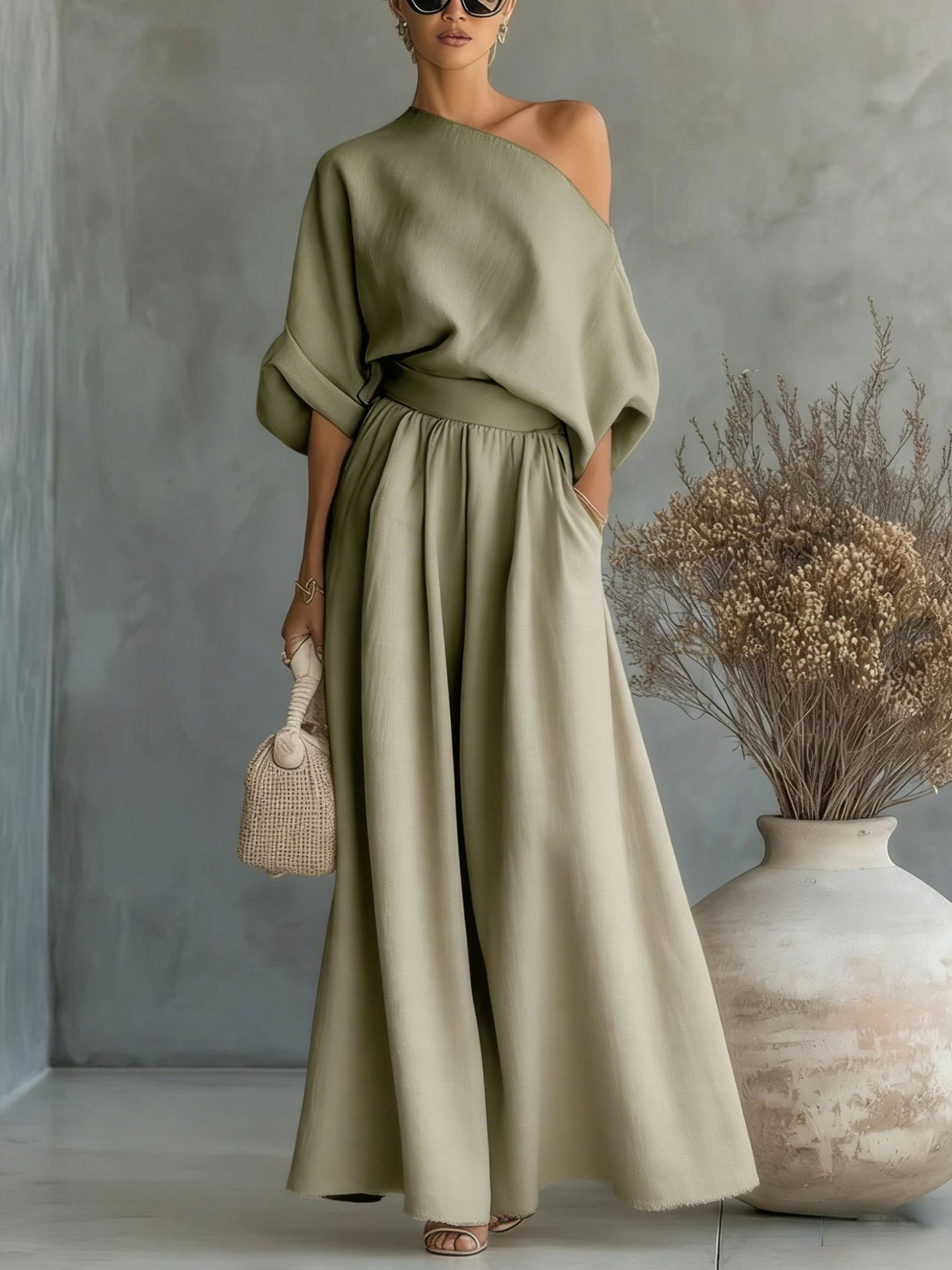 Women's Off-Shoulder Cropped Top and Pants Two-Piece Set