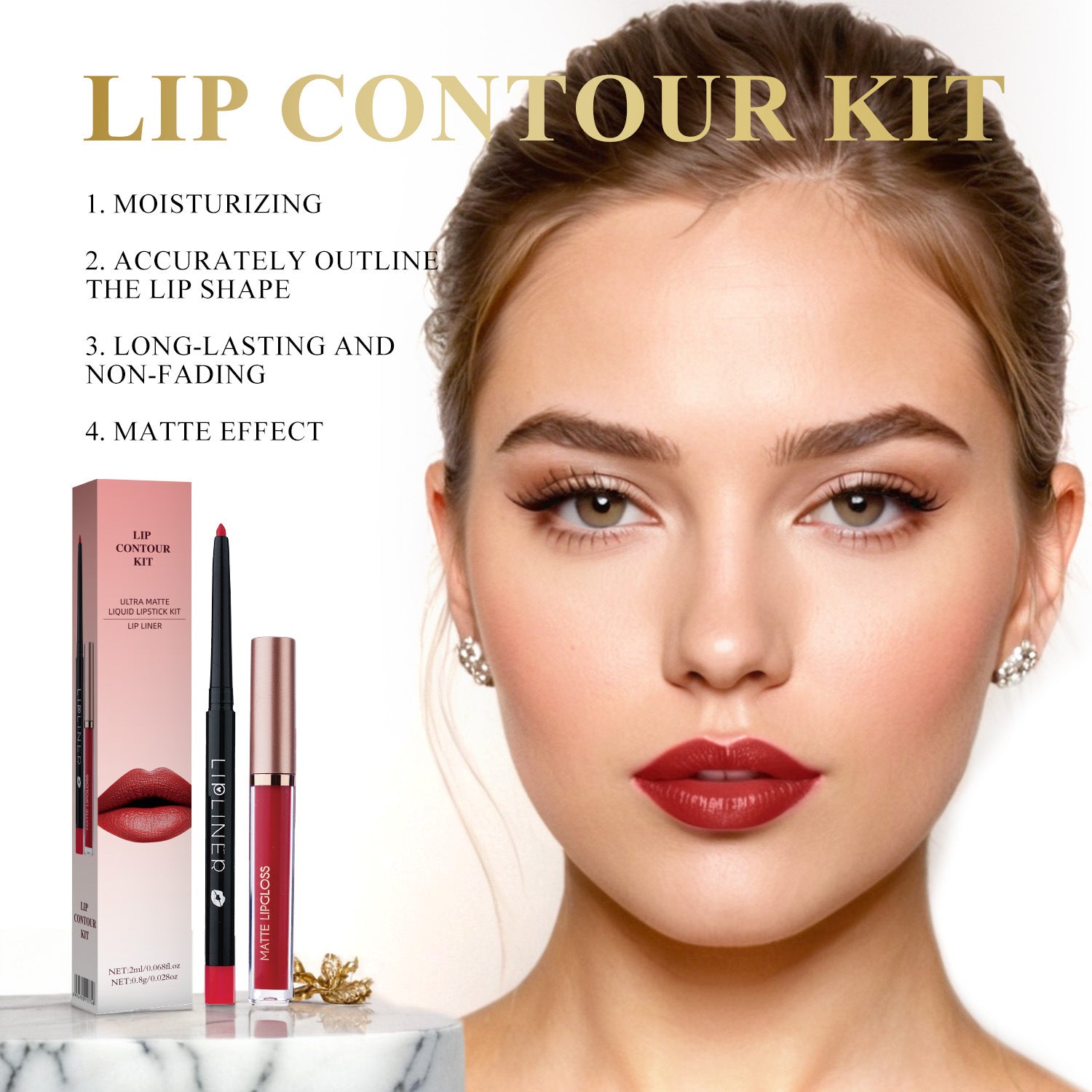 Lip contour kit with a model wearing red lipstick, box, and applicator on a marble surface.