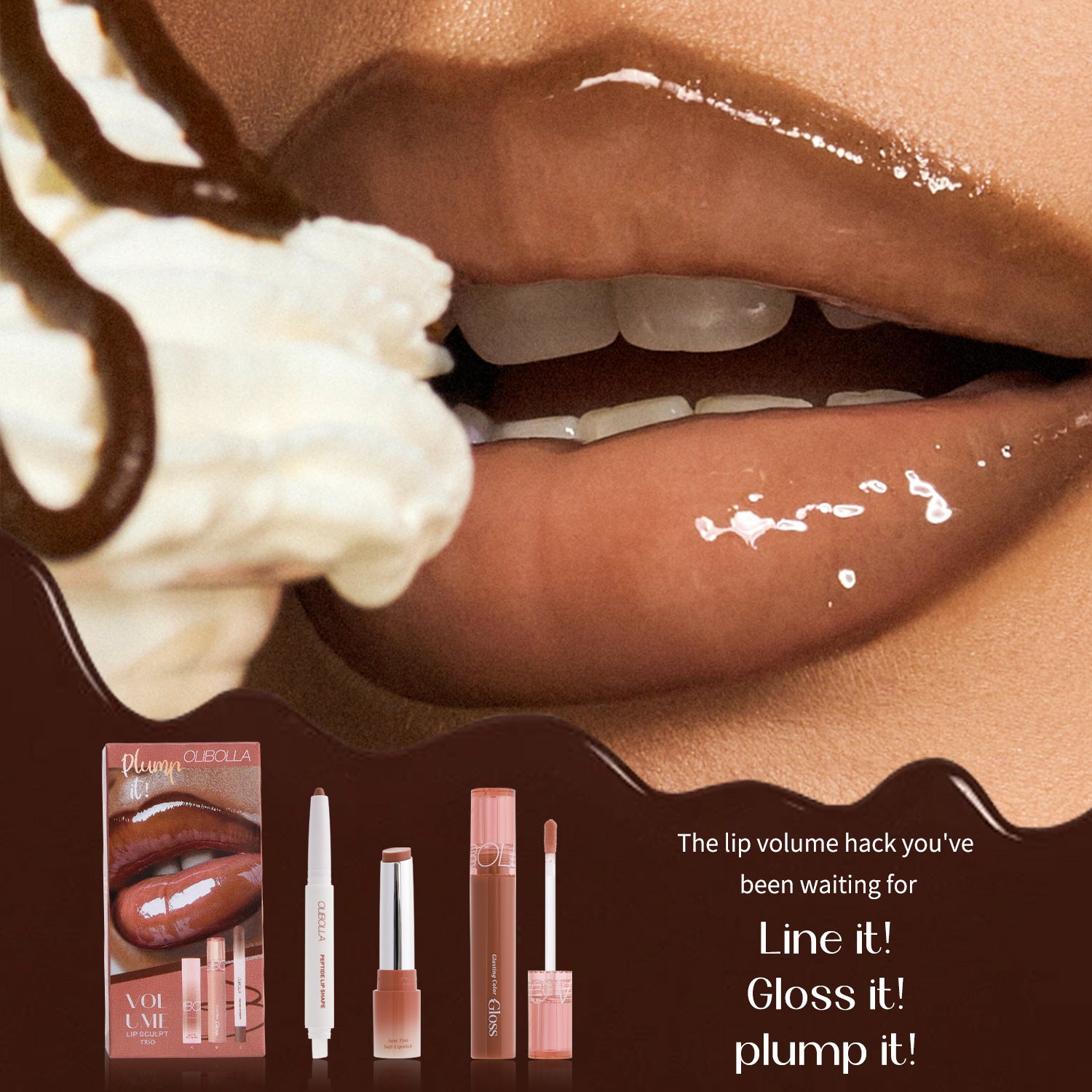 Lip product advertisement with close-up of lips and text 'Line it! Gloss it! plump it!'