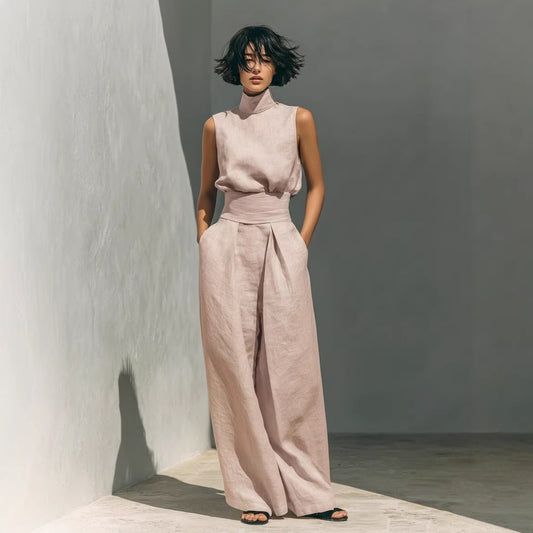 Women Cotton Linen Sleeveless Top and Wide Leg Pants Set
