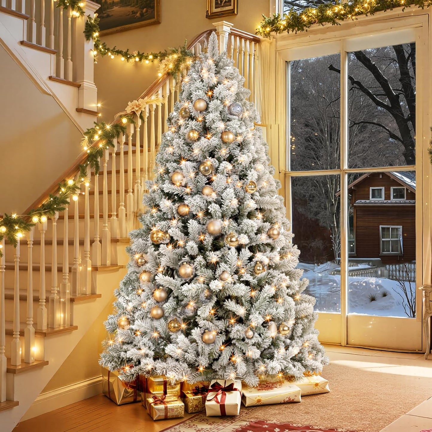 6 Ft Flocked Prelit Christmas Tree with 350 LED Lights, App Control, Artificial Christmas Tree, Multi-Color RGBW Lights, 947 Branch Tips, Snow Xmas Tree, for Home, Party