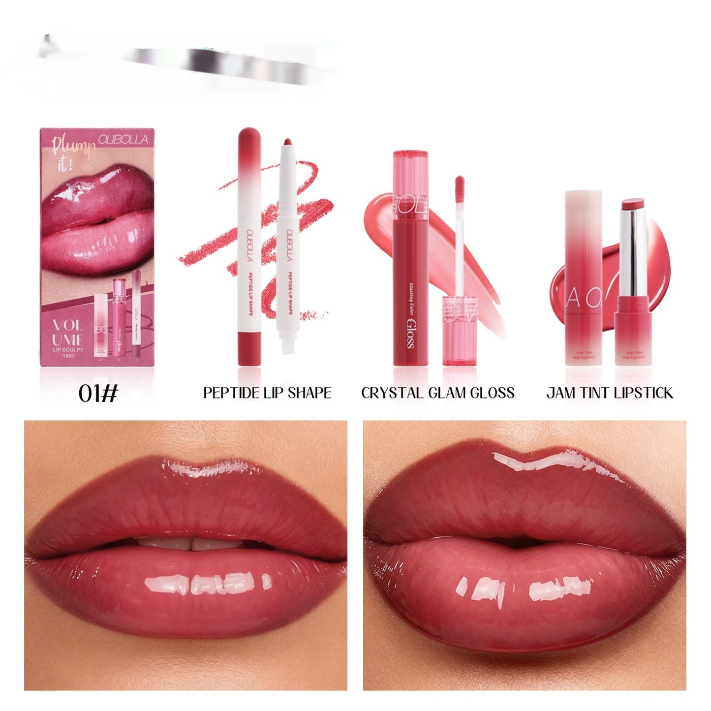 Lip product display with lip gloss, lipstick, and lip liner on a white background.
