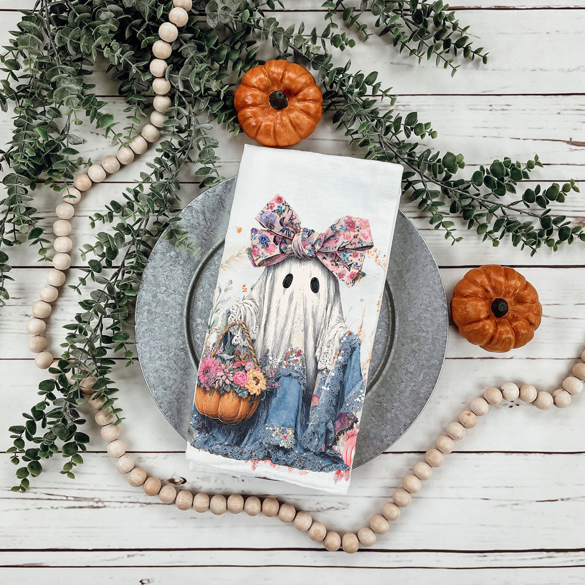 Floral Ghost Halloween Flour Sack Kitchen Towel