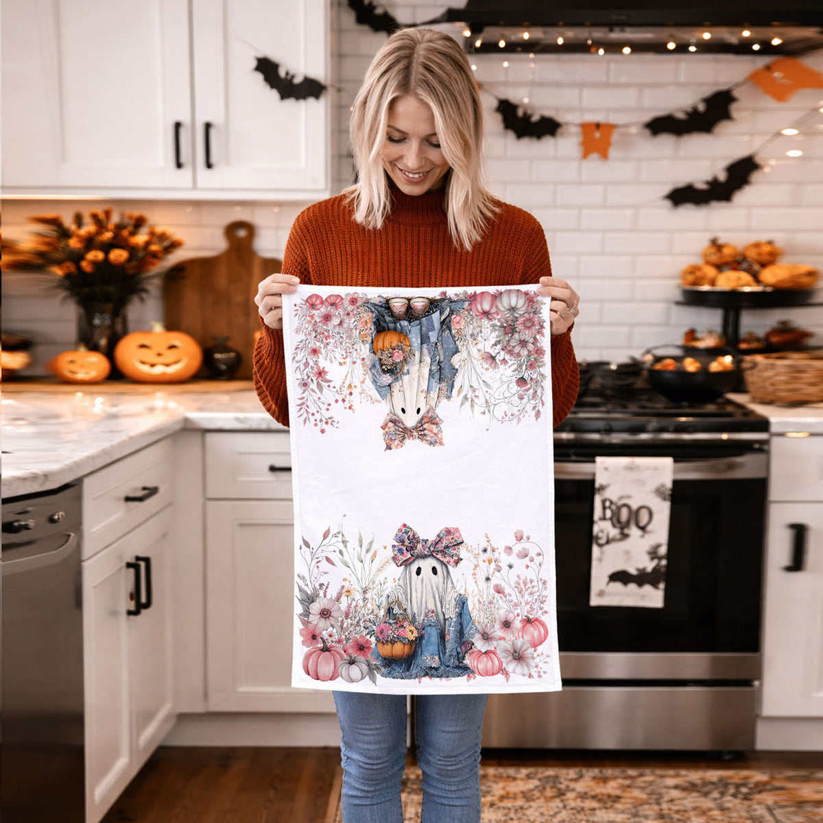 Floral Ghost Halloween Flour Sack Kitchen Towel