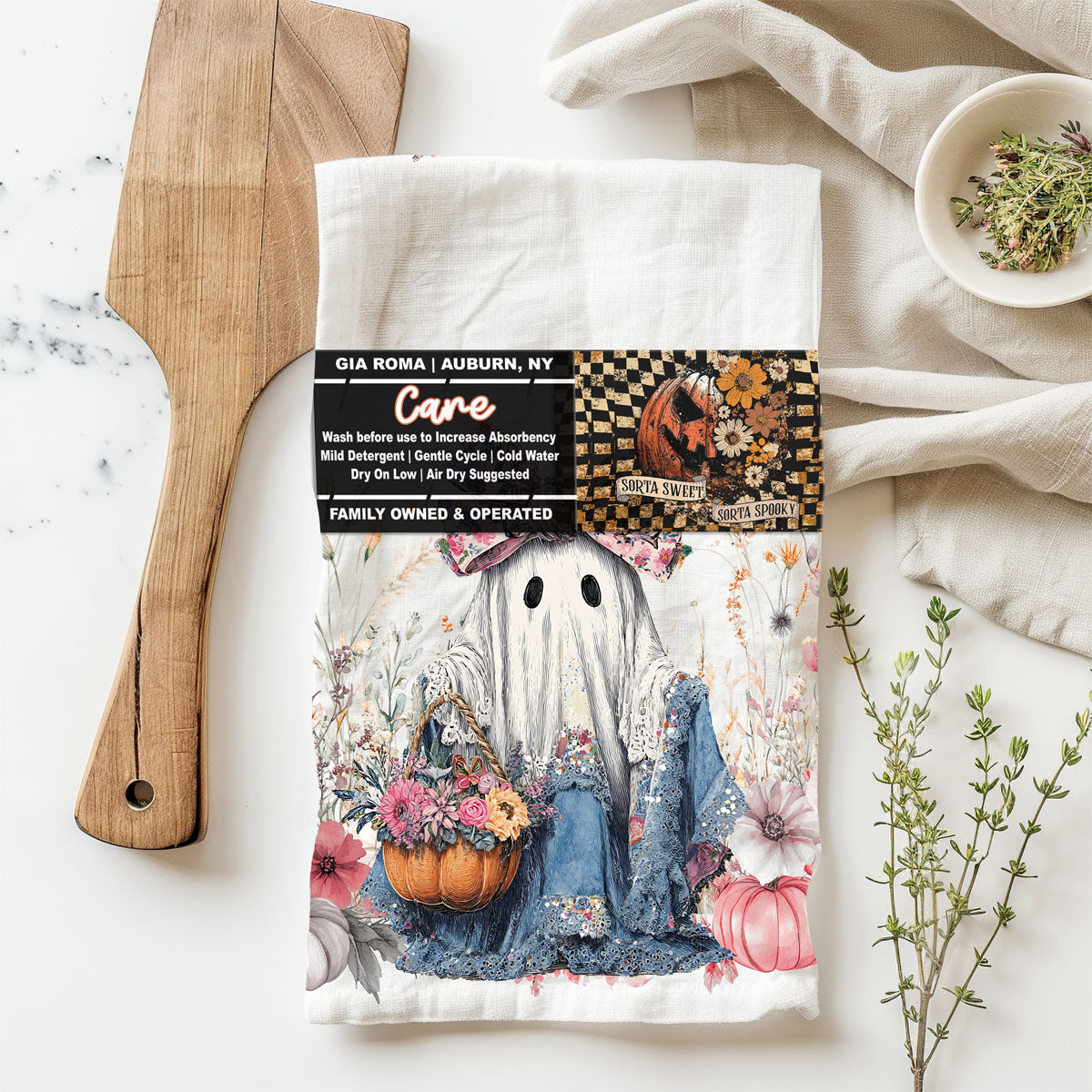 Floral Ghost Halloween Flour Sack Kitchen Towel