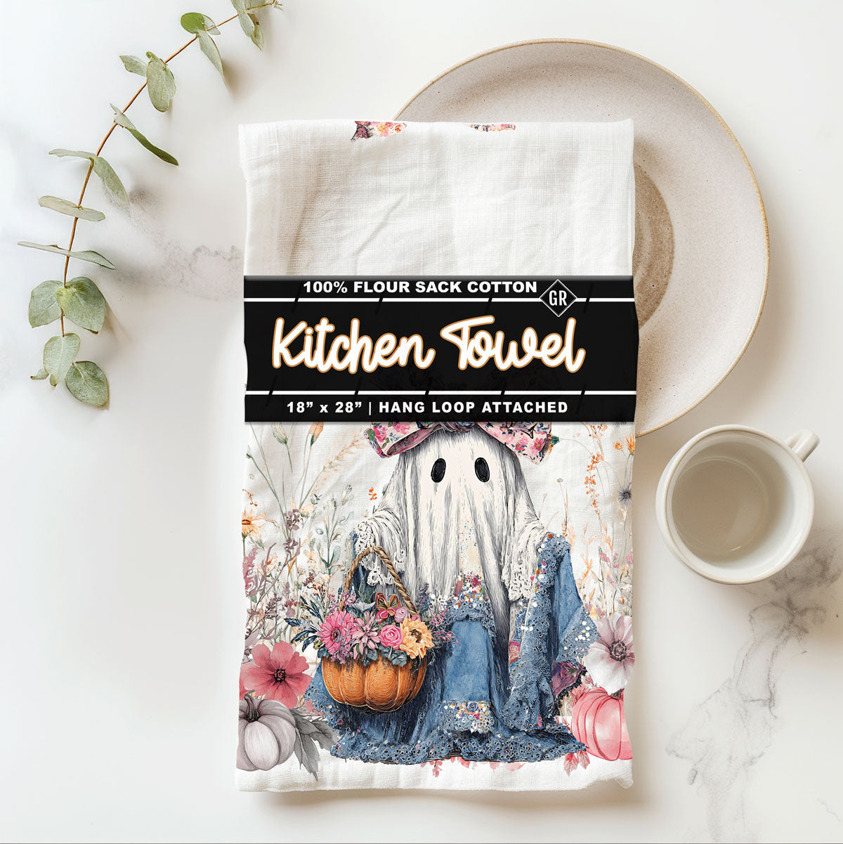 Floral Ghost Halloween Flour Sack Kitchen Towel