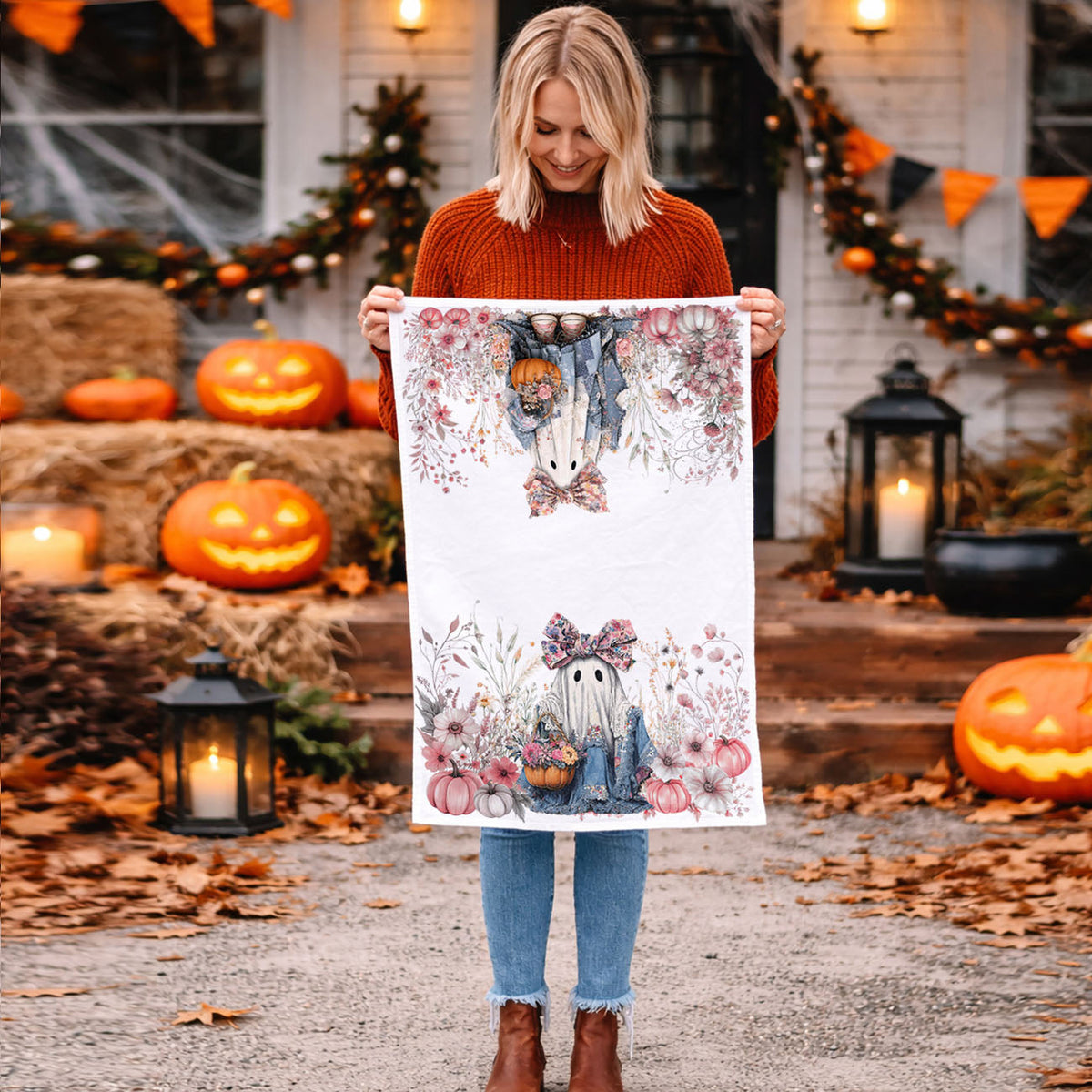Floral Ghost Halloween Flour Sack Kitchen Towel