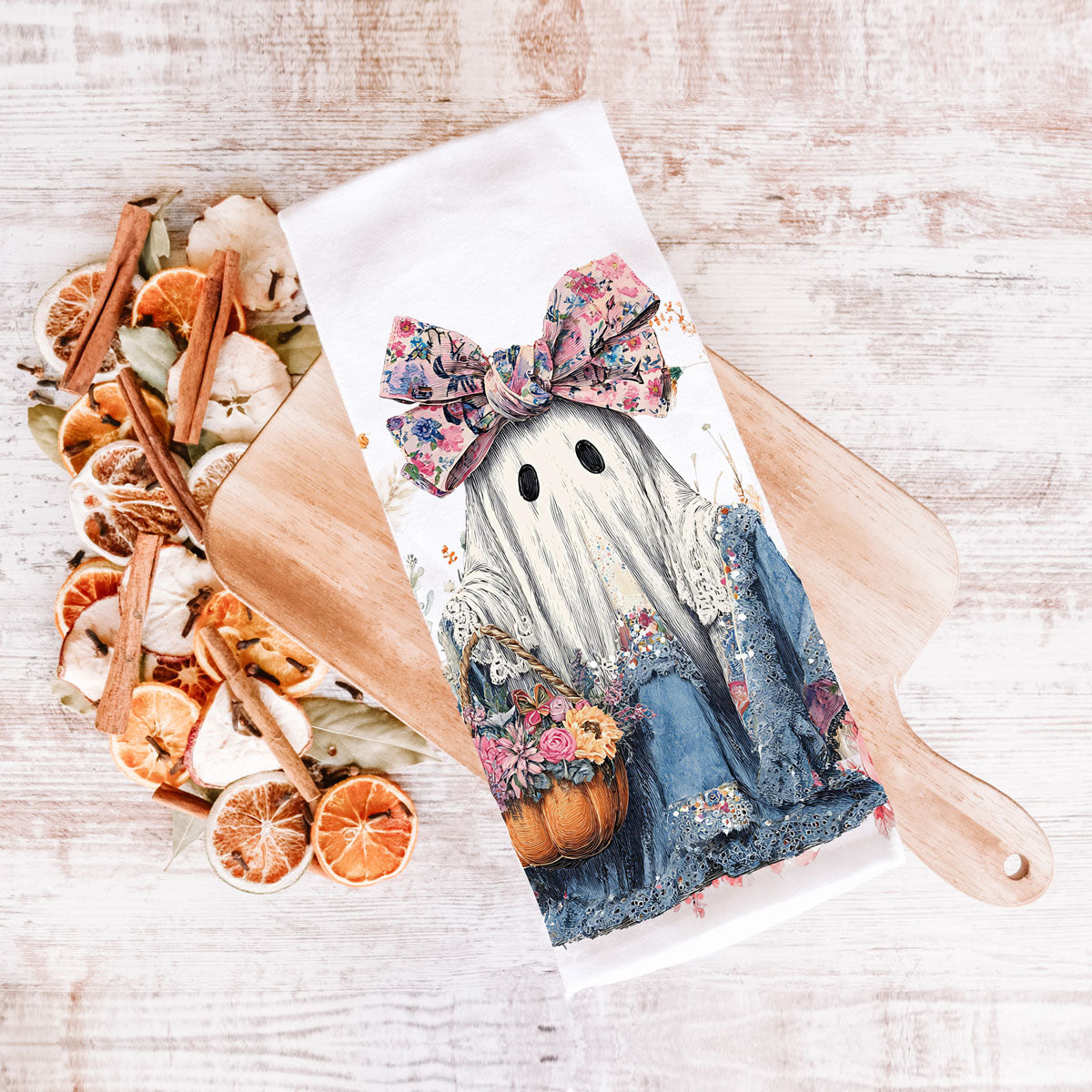 Floral Ghost Halloween Flour Sack Kitchen Towel
