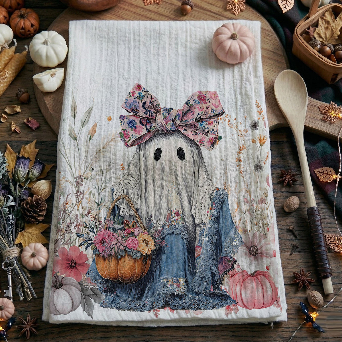 Floral Ghost Halloween Flour Sack Kitchen Towel