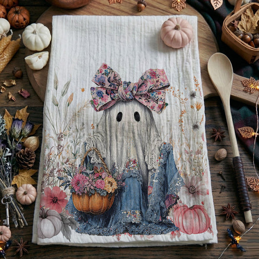 Floral Ghost Halloween Flour Sack Kitchen Towel