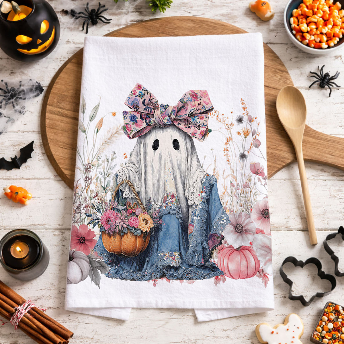 Floral Ghost Halloween Flour Sack Kitchen Towel