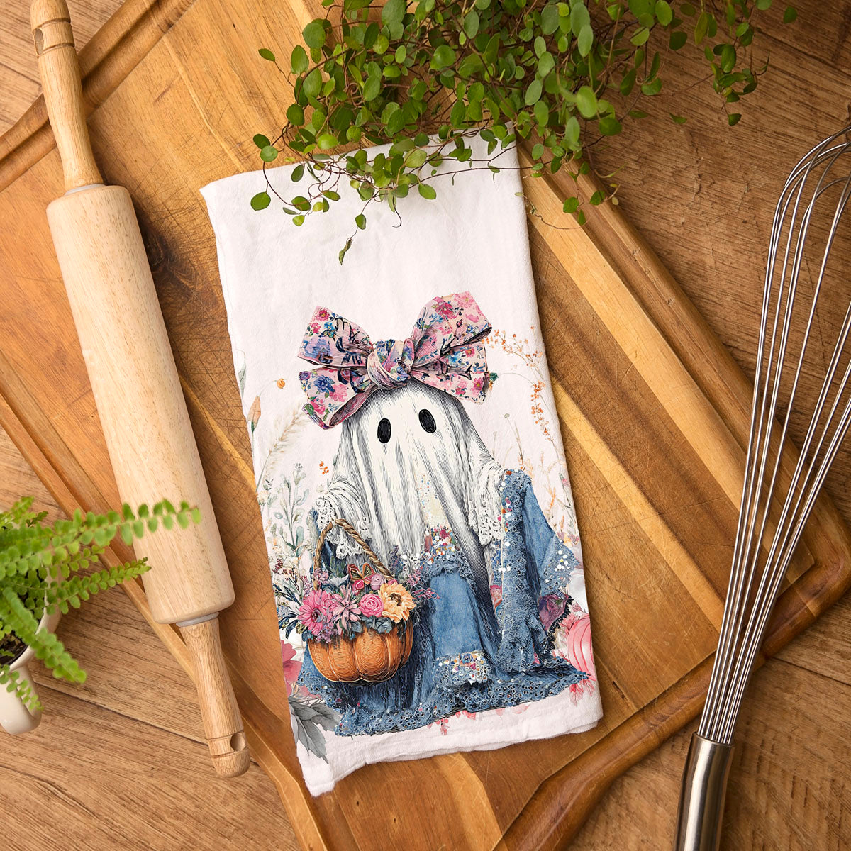 Floral Ghost Halloween Flour Sack Kitchen Towel