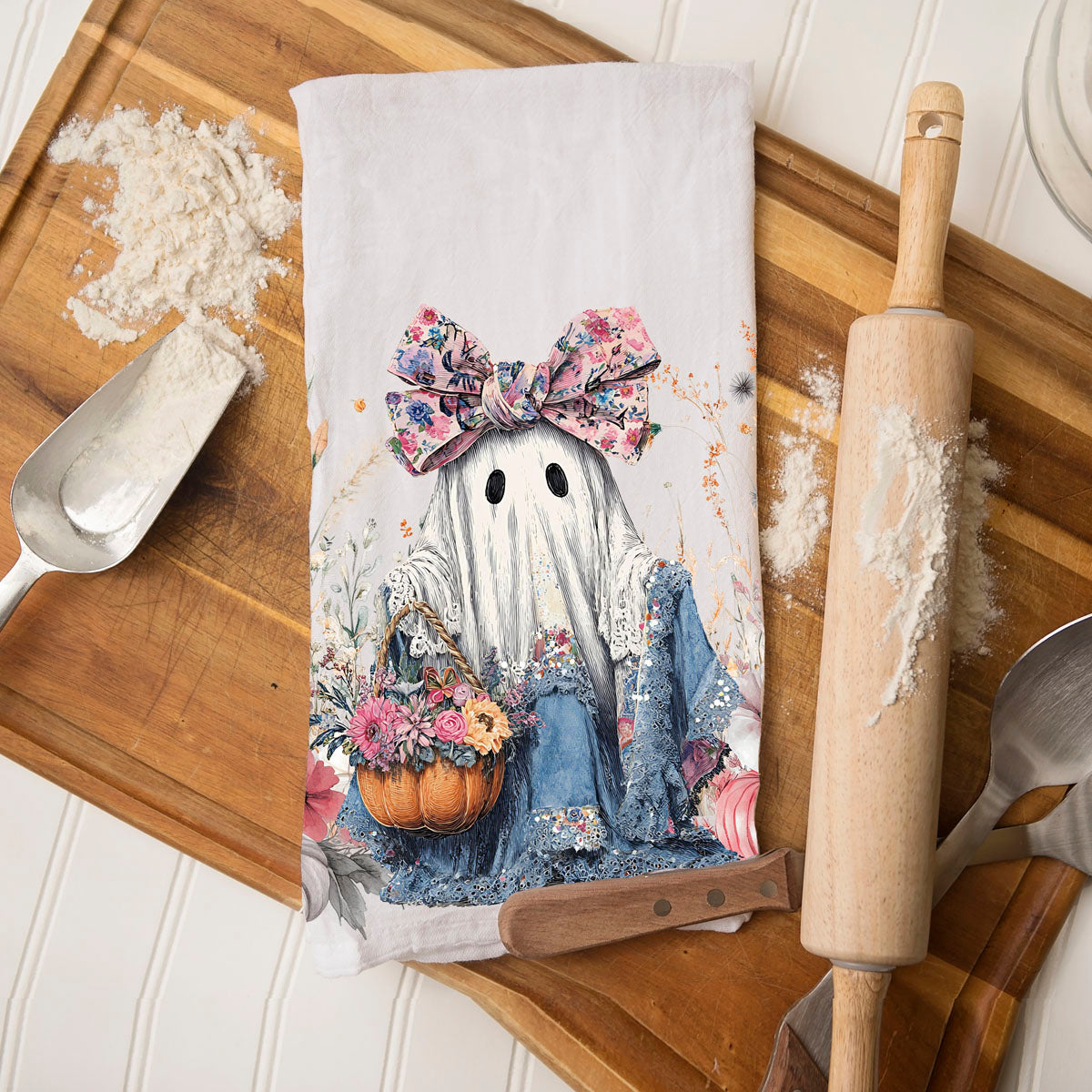 Floral Ghost Halloween Flour Sack Kitchen Towel