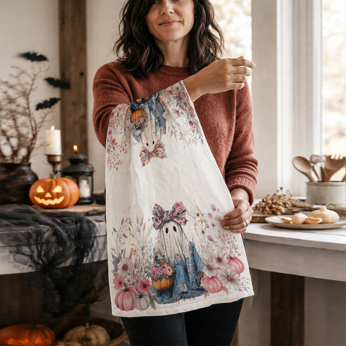 Floral Ghost Halloween Flour Sack Kitchen Towel