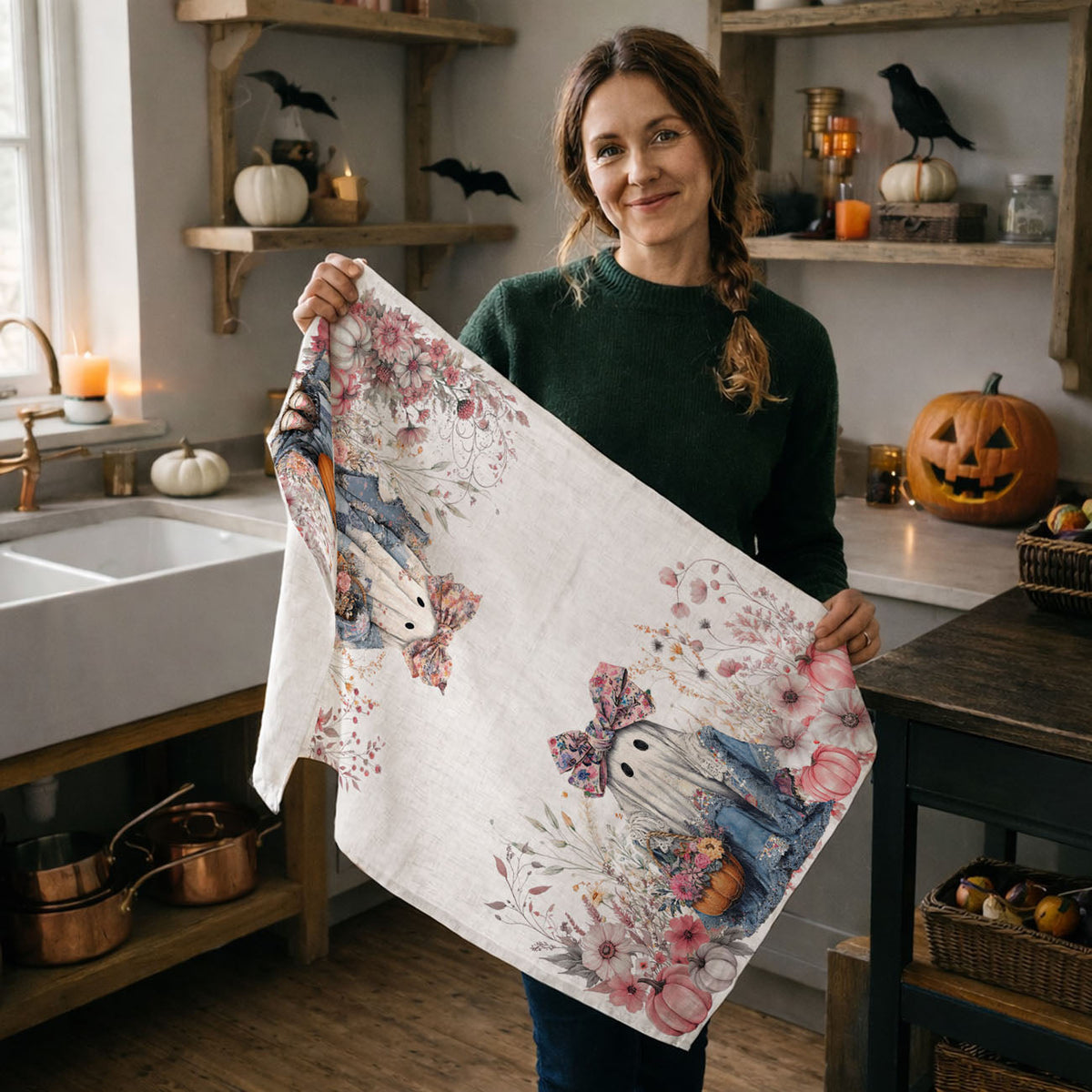 Floral Ghost Halloween Flour Sack Kitchen Towel