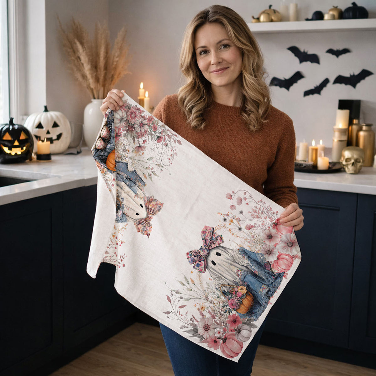 Floral Ghost Halloween Flour Sack Kitchen Towel