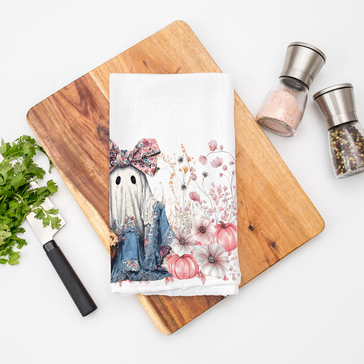 Floral Ghost Halloween Flour Sack Kitchen Towel