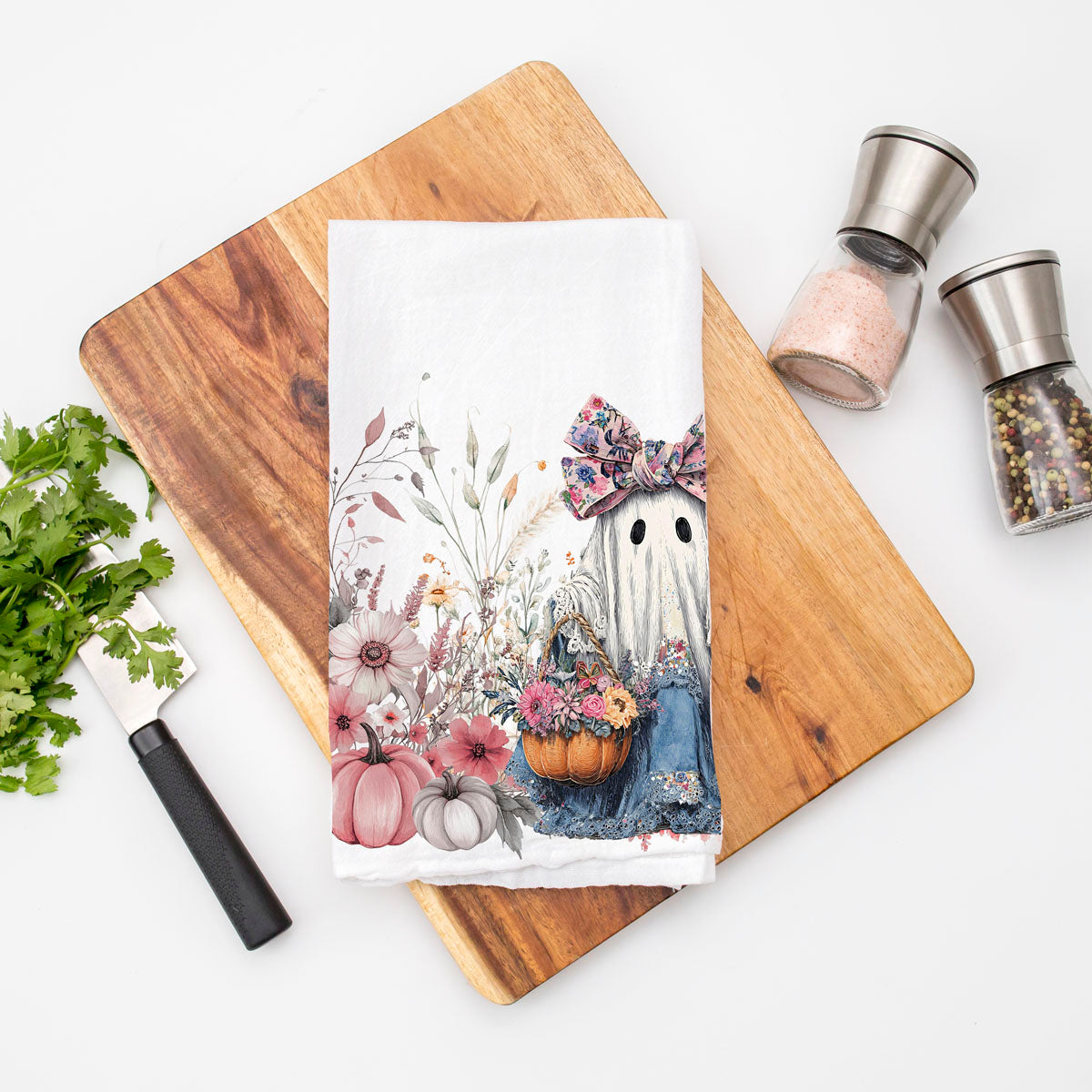 Floral Ghost Halloween Flour Sack Kitchen Towel