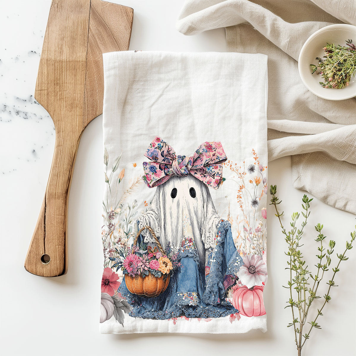 Floral Ghost Halloween Flour Sack Kitchen Towel