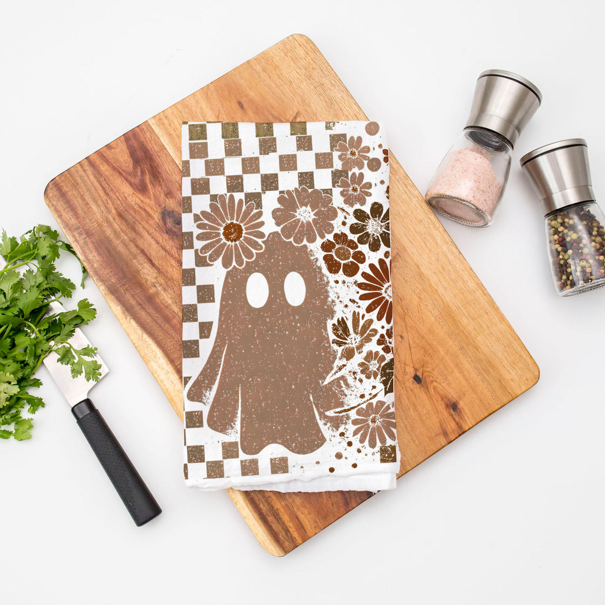 Retro Checkered Ghost & Skull Halloween Flour Sack Kitchen Towel