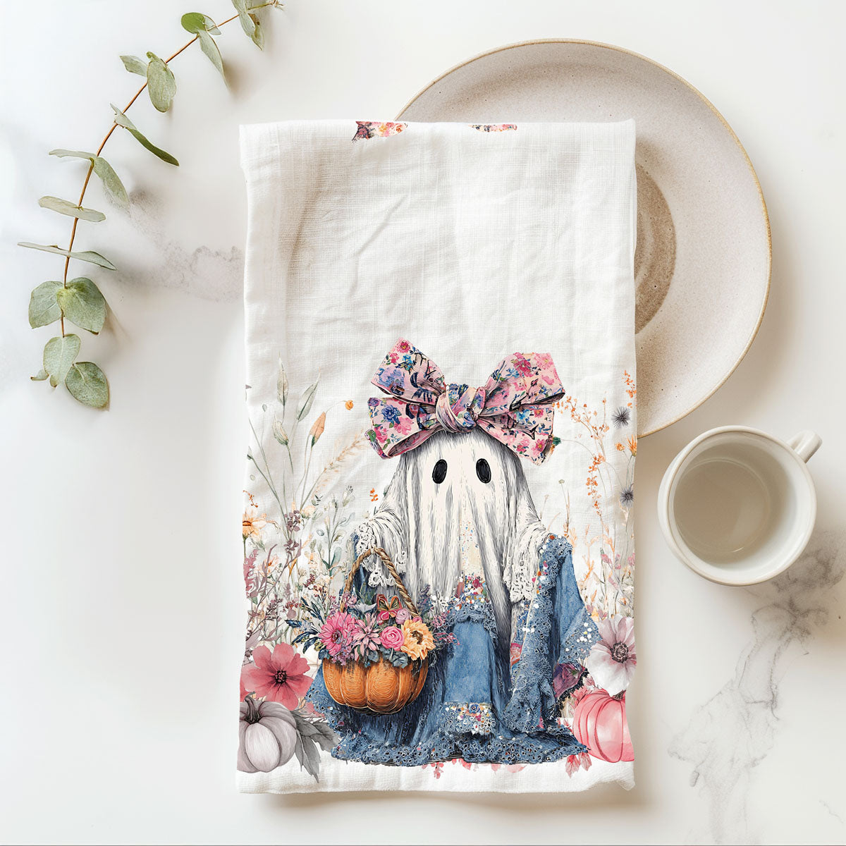 Floral Ghost Halloween Flour Sack Kitchen Towel