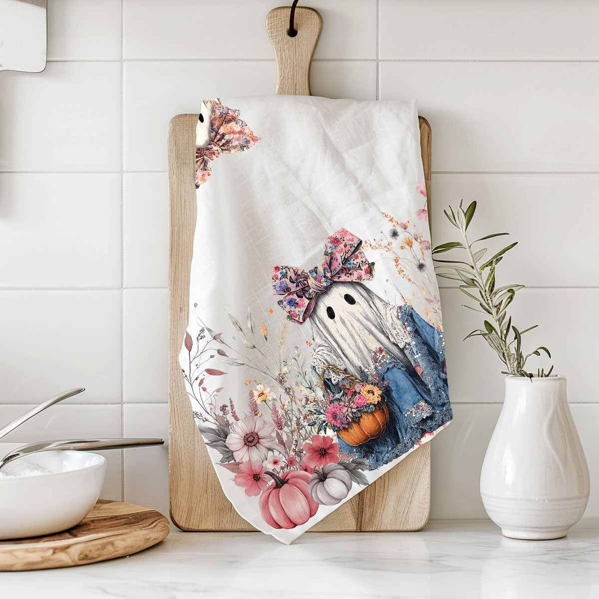 Floral Ghost Halloween Flour Sack Kitchen Towel