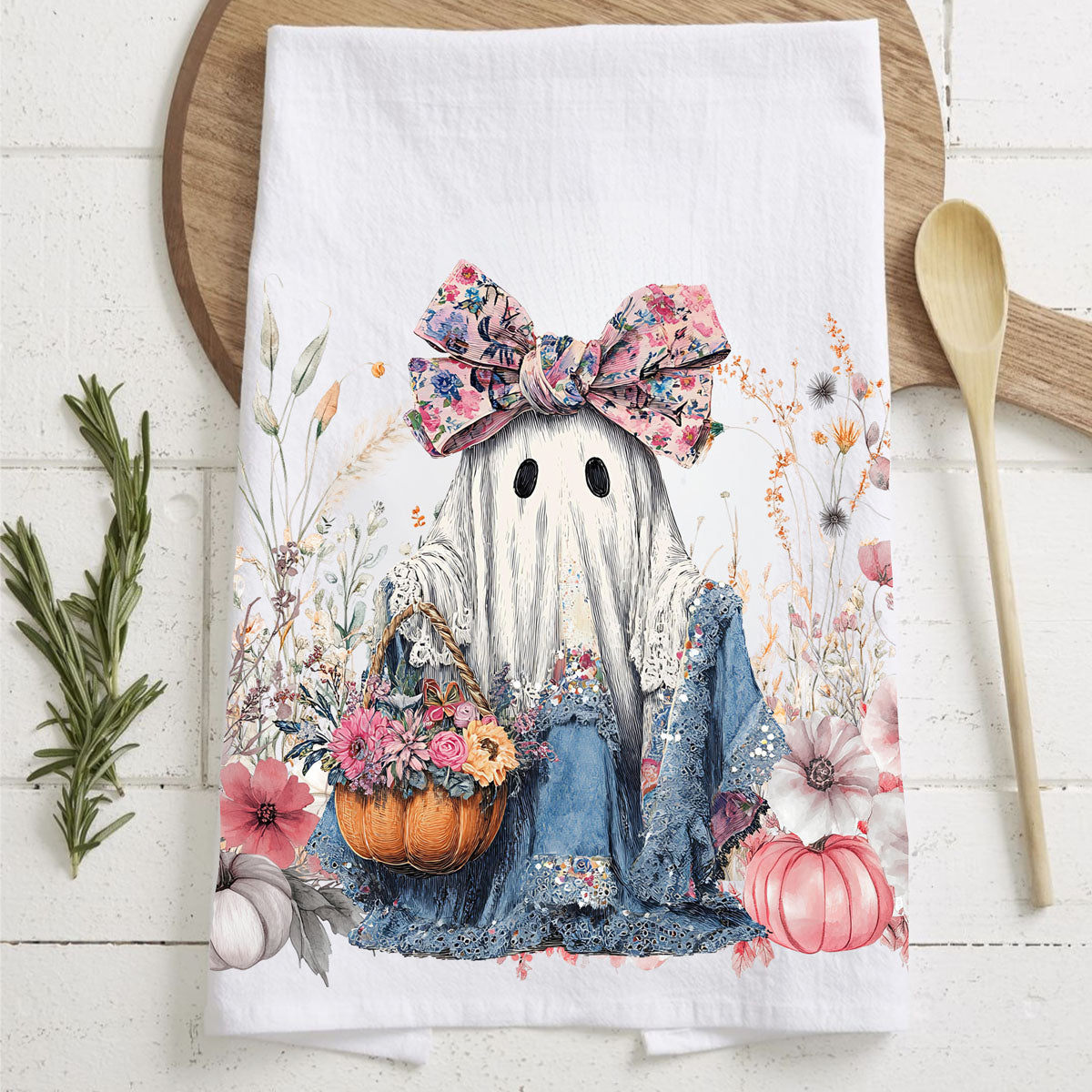 Floral Ghost Halloween Flour Sack Kitchen Towel