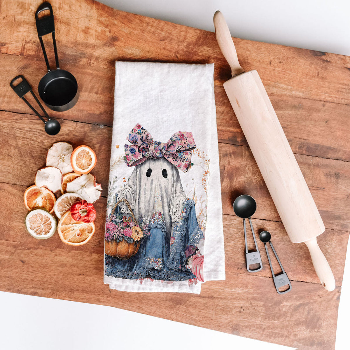 Floral Ghost Halloween Flour Sack Kitchen Towel