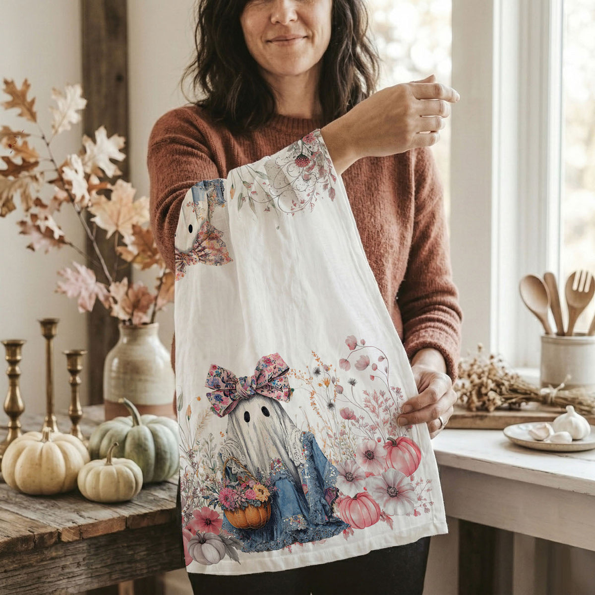 Floral Ghost Halloween Flour Sack Kitchen Towel