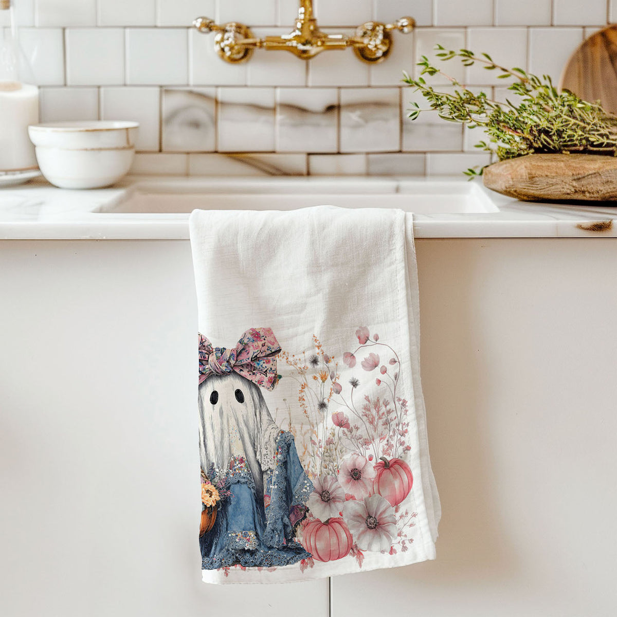 Floral Ghost Halloween Flour Sack Kitchen Towel