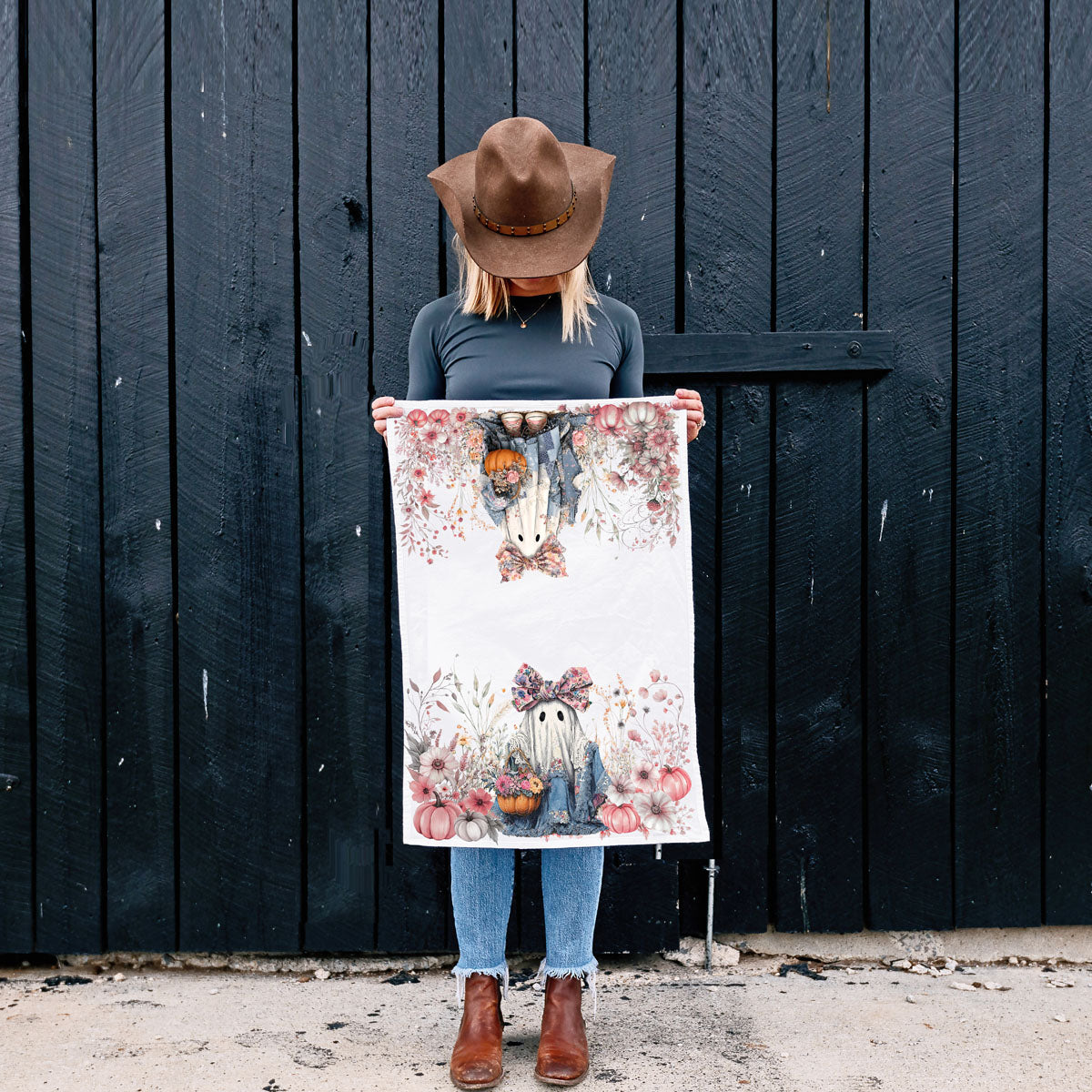 Floral Ghost Halloween Flour Sack Kitchen Towel