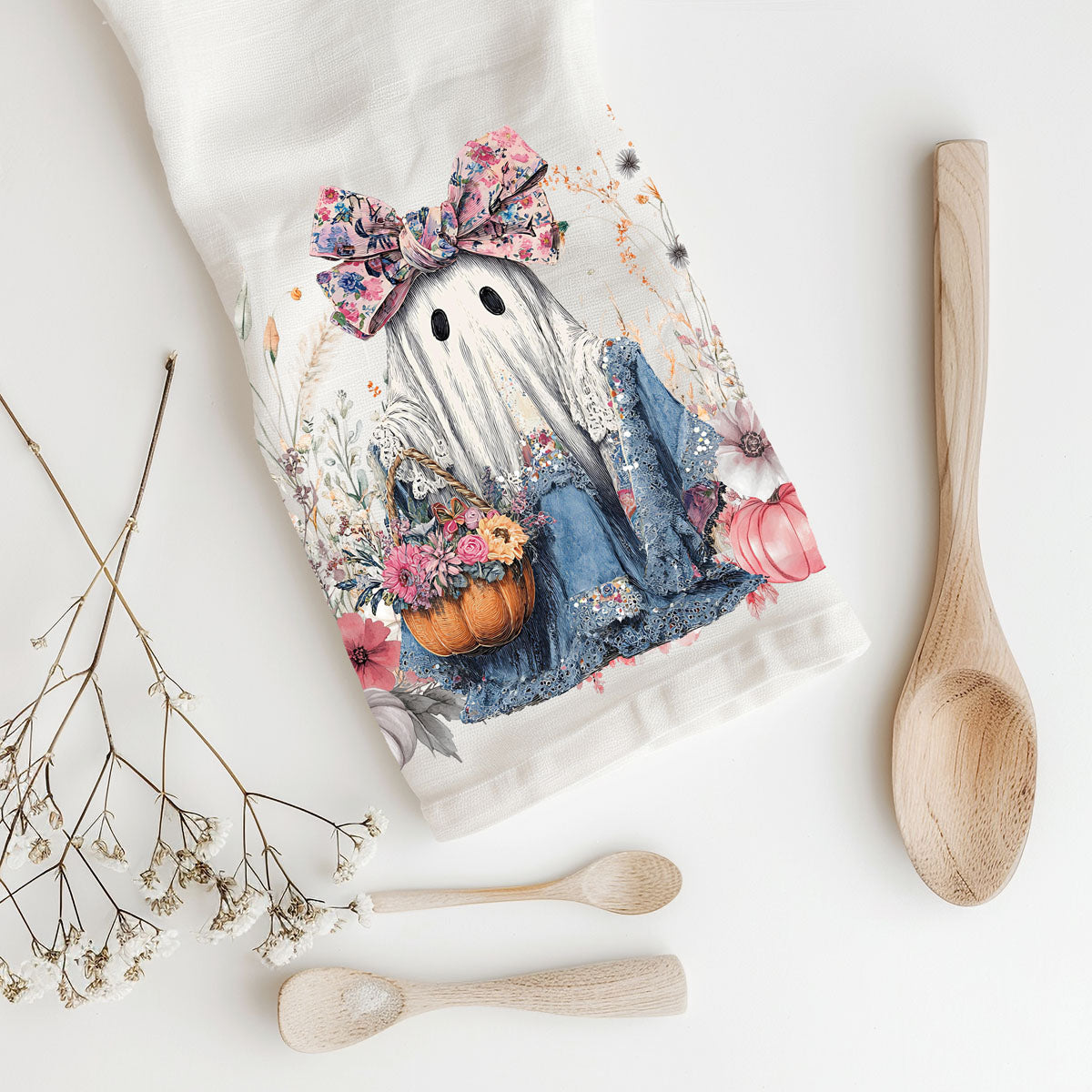 Floral Ghost Halloween Flour Sack Kitchen Towel