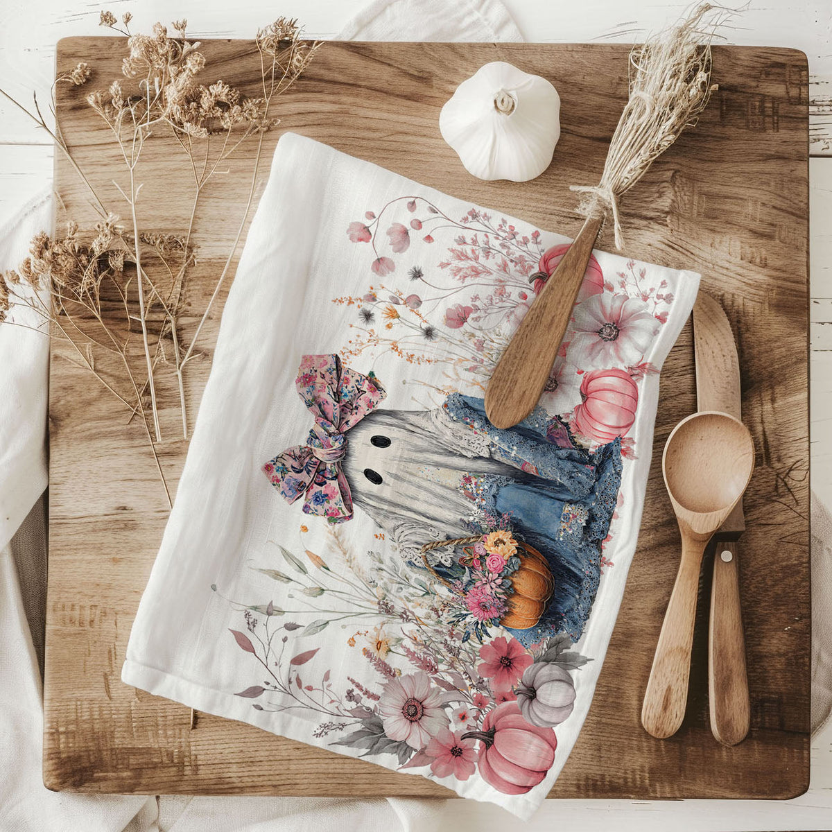 Floral Ghost Halloween Flour Sack Kitchen Towel