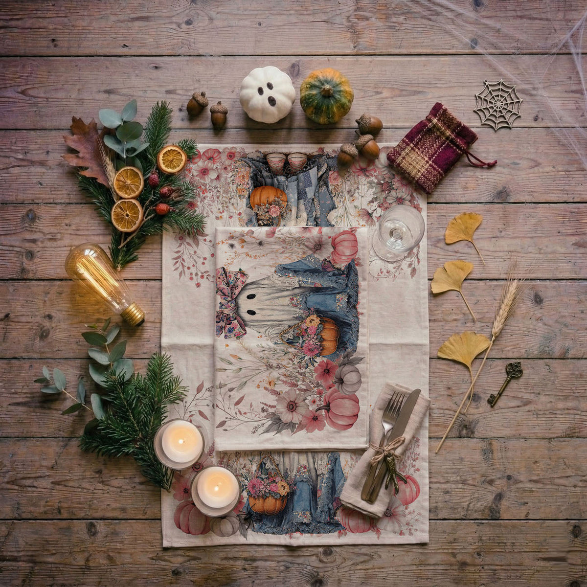 Floral Ghost Halloween Flour Sack Kitchen Towel