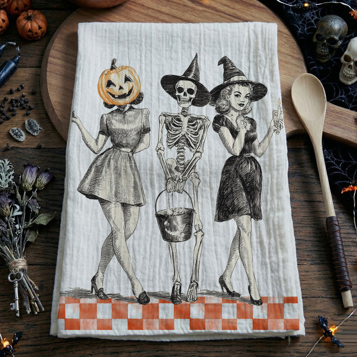 Vintage Halloween Trio Flour Sack Kitchen Towel
