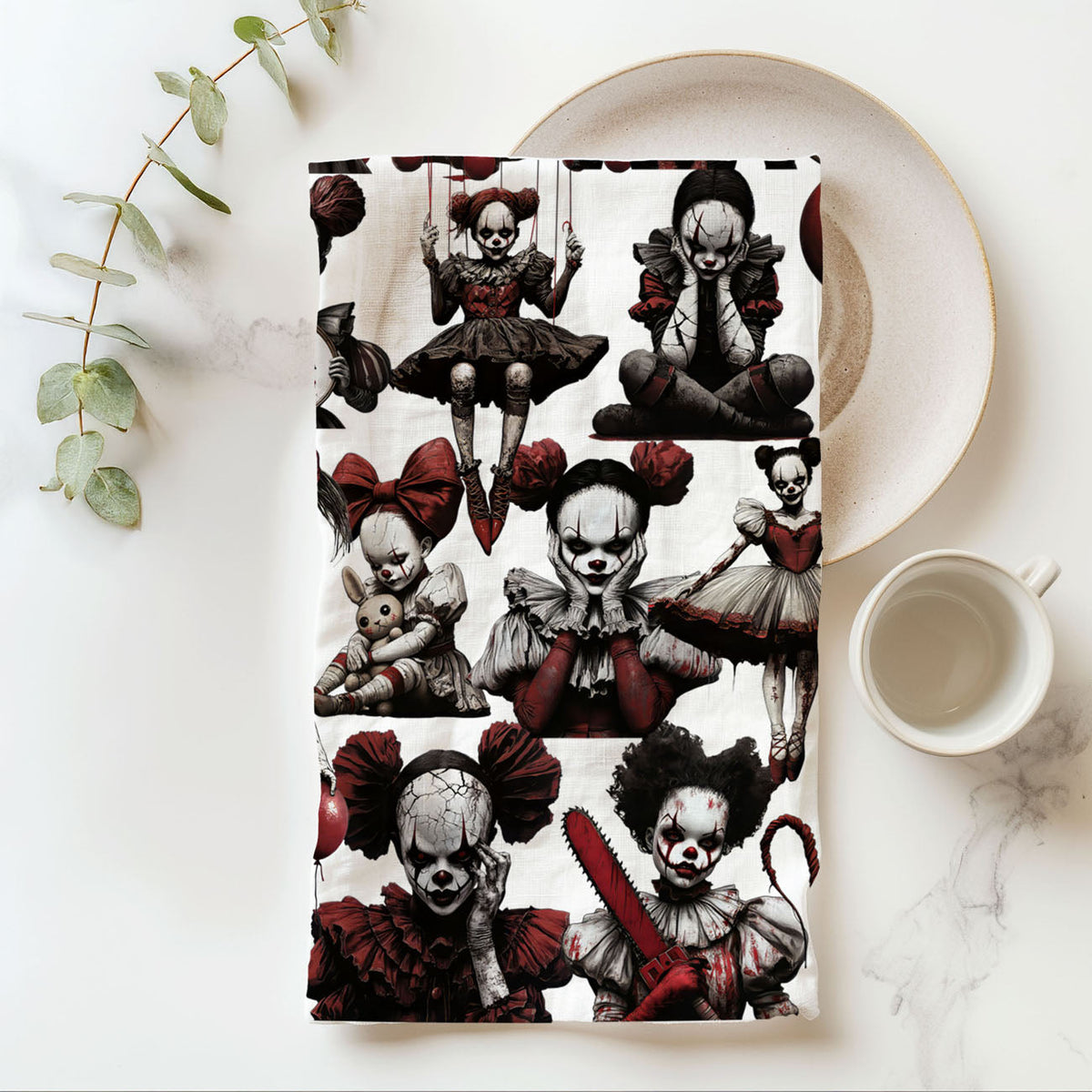 Creepy Clown Dolls Halloween Flour Sack Kitchen Towel