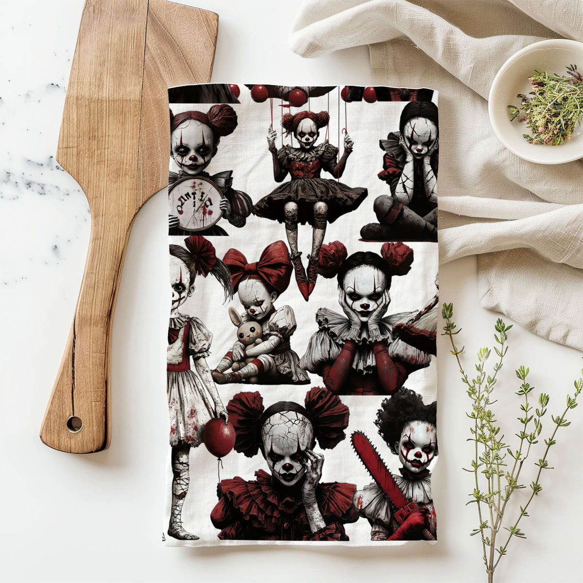 Creepy Clown Dolls Halloween Flour Sack Kitchen Towel
