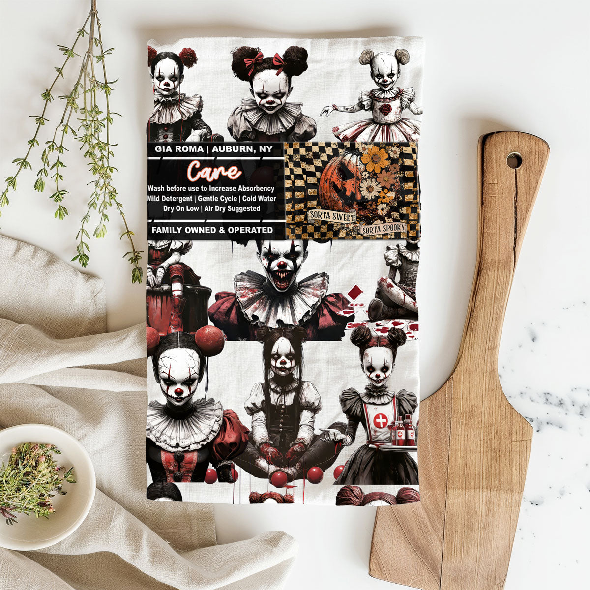 Creepy Clown Dolls Halloween Flour Sack Kitchen Towel