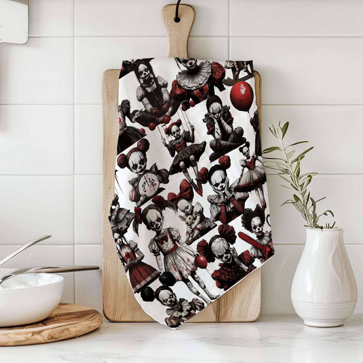Creepy Clown Dolls Halloween Flour Sack Kitchen Towel