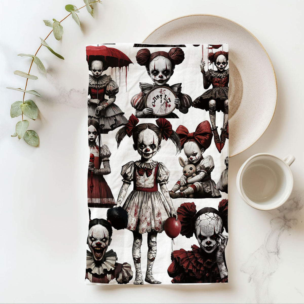 Creepy Clown Dolls Halloween Flour Sack Kitchen Towel