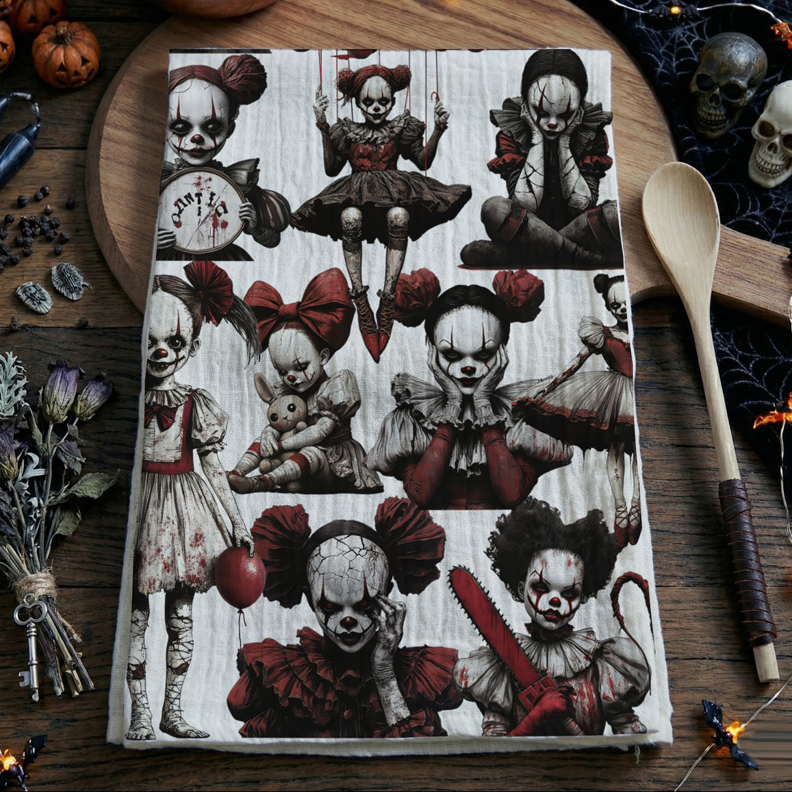 Creepy Clown Dolls Halloween Flour Sack Kitchen Towel